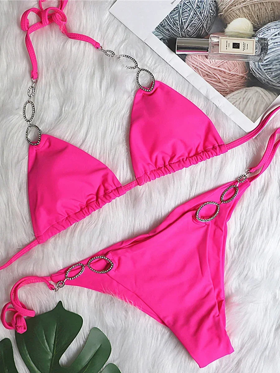Halter Metal Chains Diamond Bikini Women Swimsuit Female Brazilan Swimwear Two Pieces Bikini Set High Cut Bathing Suit Swim Lady