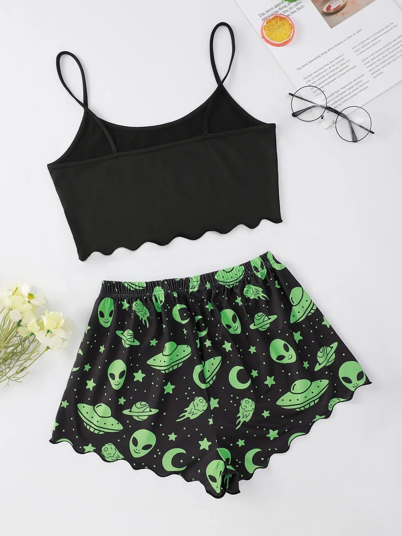 Sexy Alien Print Sling Sleepwear Women's Pajamas Set V-Neck Pyjamas Female Homewear Sleeveless Cute  Top And Shorts