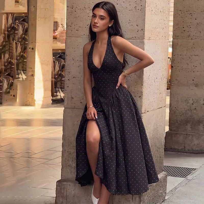 FDYOUI Chic Halter Polka Dot Vacation Dresses for Woman 2026 Summer Lace-up Backless High Waist Tunics Ruched A-line Party Dress