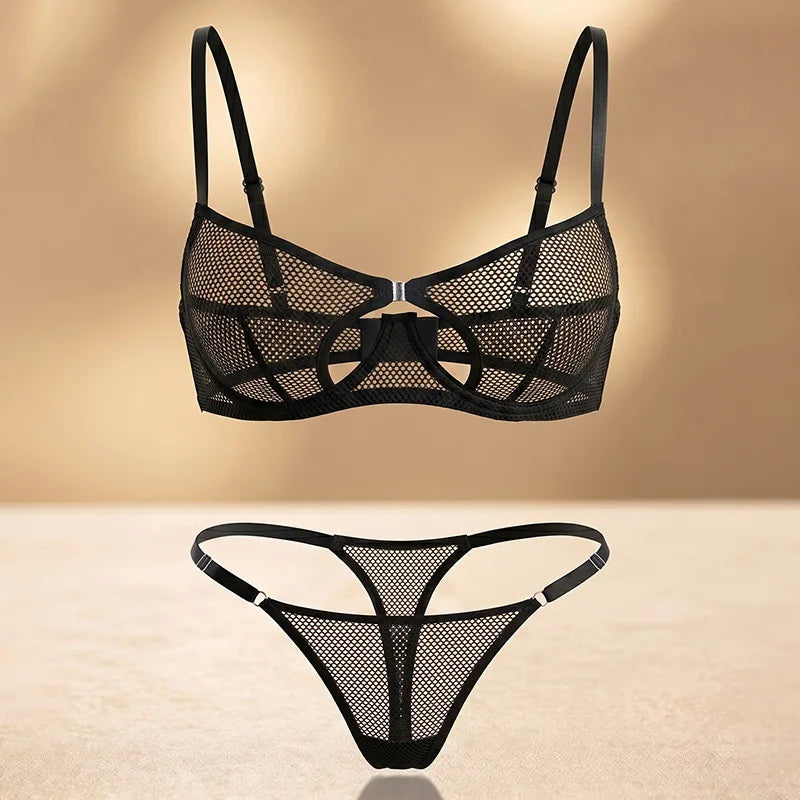 French Style Sexy Embroidered Transparent Underwear Set V-Neck Design Anti-Sagging Breathable Bra And Panties Ensemble