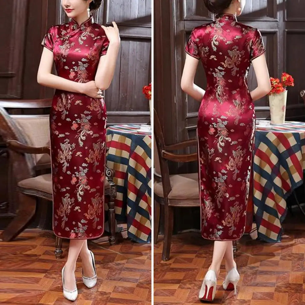 Women Dress Chinese Style Floral Embroidery Stand Collar Short Sleeves High Side Split Chinese Cheongsam Satin Silky