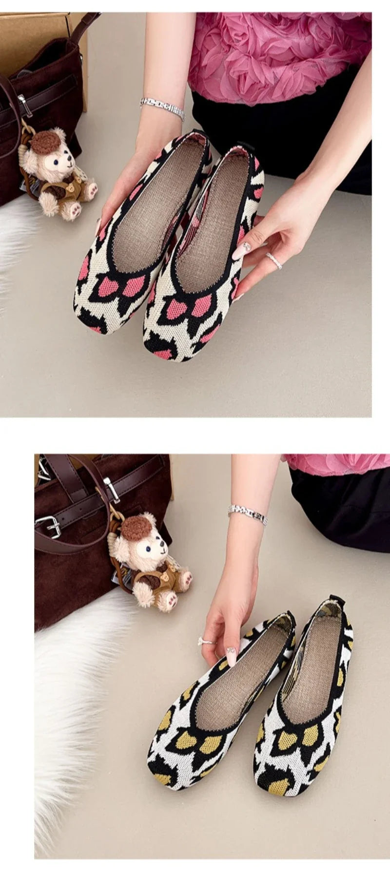 Leopard Color Square Toe Knitted Loafers Women Leisure Flat Shoes Soft Bottom Shallow Ballet Flats Casual Slip on Boat Shoes