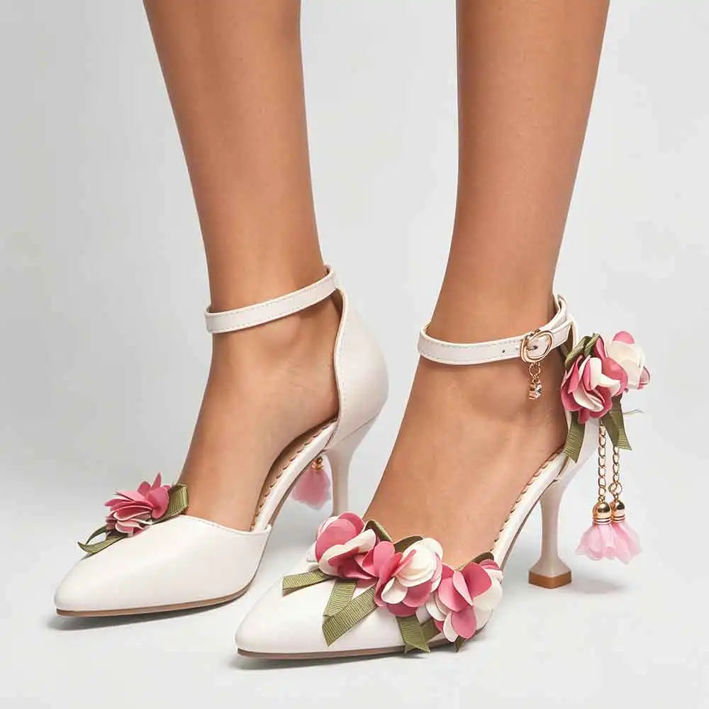 Small Big Size 32-46 Women's Elegant Pink Flowers High Heels Sandals Summer Sexy Pointy Toe Party White Wedding Sandals Shoes