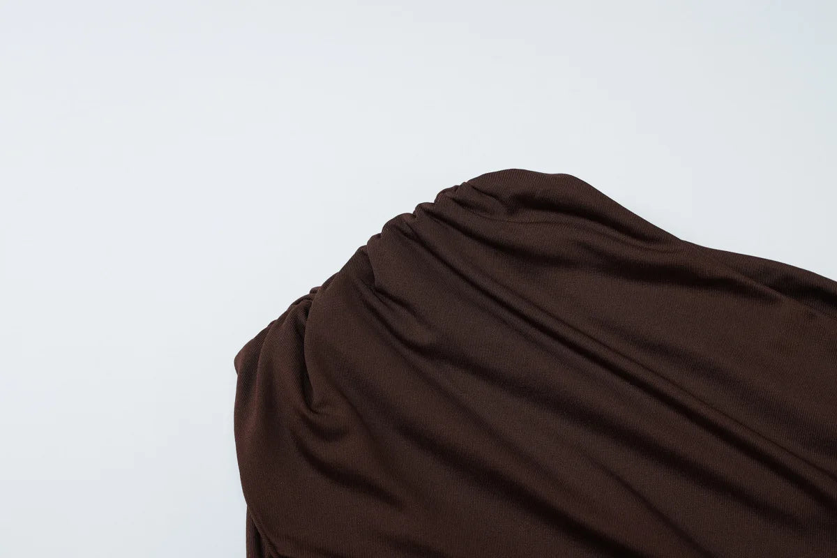 FDYOUI Woman Clothes Diagonal Collar Ruched Brown Long Dresses 2026 Summer Lady Chic One Shoulder Sleeveless Tunics Party Dress