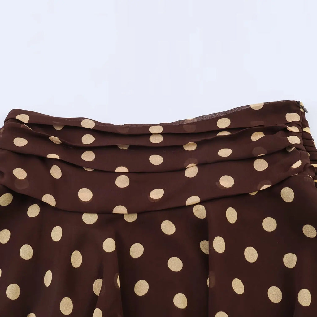 Women's Fashion Polka Dot Skirt Dark Brown Polka Dot Hem Skirt High Waist Ruffle Flowy Mini Skirt Casual Elegant Style S00Z