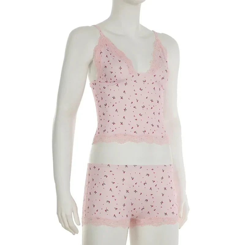 Summer Two-piece Pajamas Set for Women Sleepwear  Floral Lace Pink Sleeveless Camisoles and Slim Shorts Loungewear
