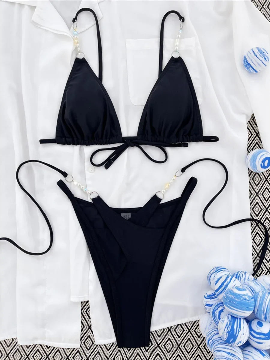 Sexy Halter Pearls High Cut Bikini Women Swimsuit Female Swimwear Two-pieces Bikini Set Lady Bather Bathing Suit Swim Beach Wear