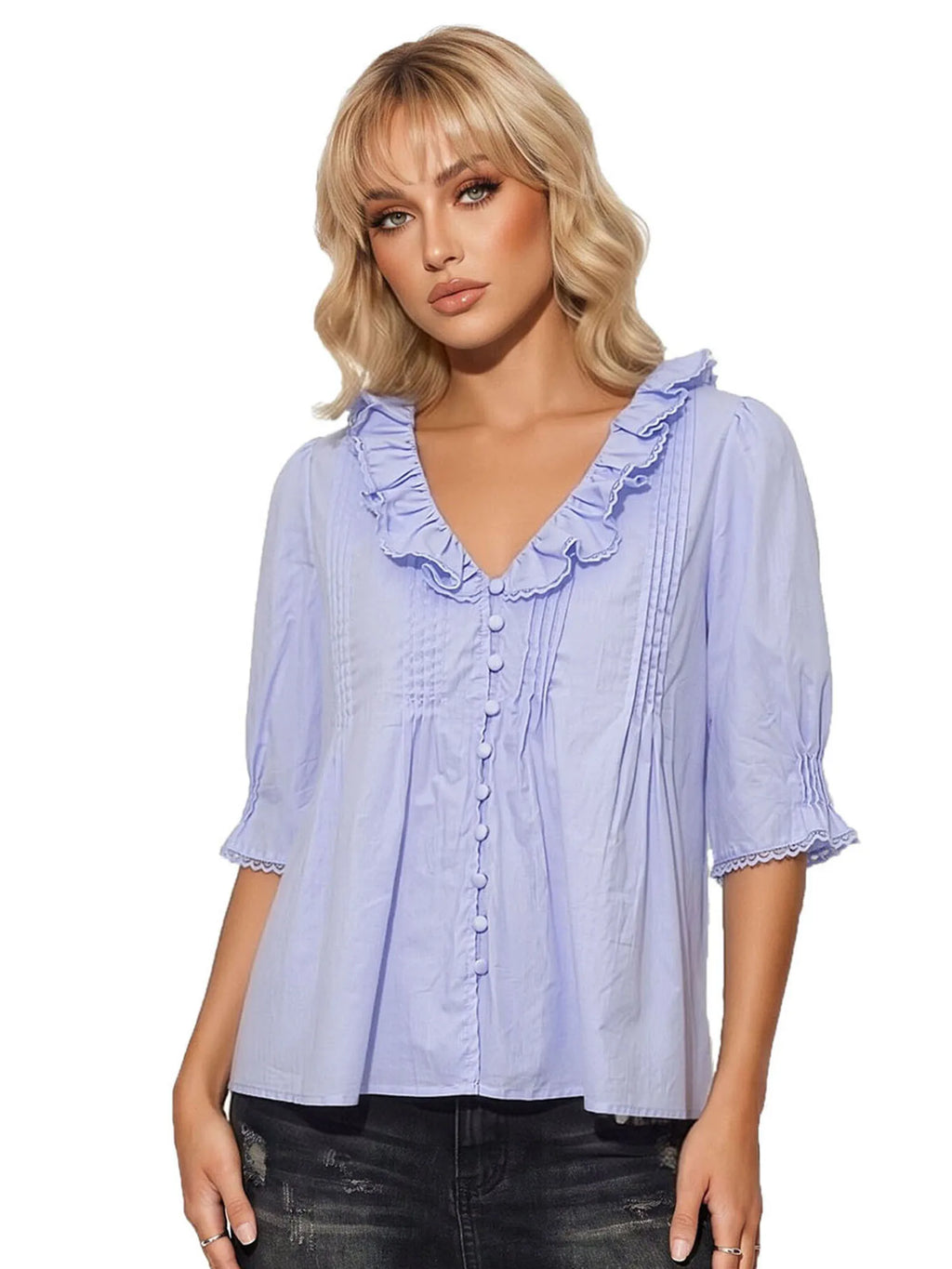 Women's Summer Blouse Solid Color Ruffle Flounce V Neck Short Sleeve Button Down Tops Casual Loose Shirts