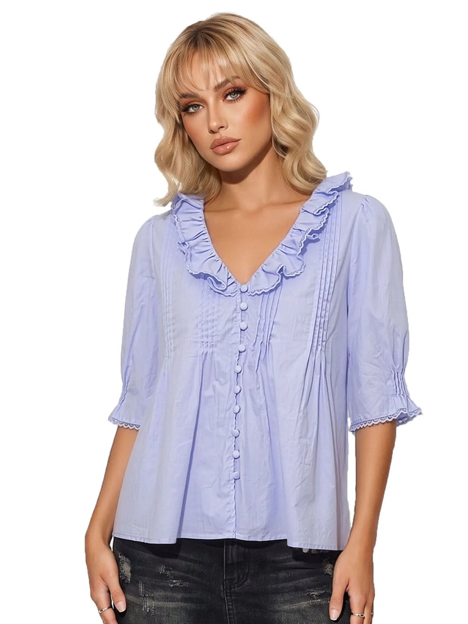 Women's Summer Blouse Solid Color Ruffle Flounce V Neck Short Sleeve Button Down Tops Casual Loose Shirts
