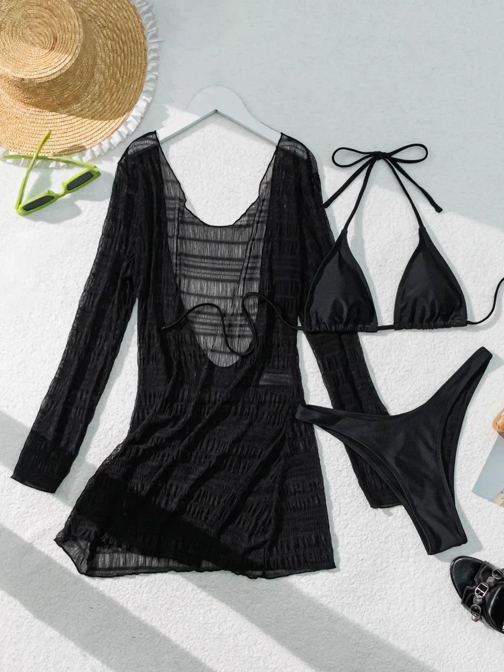 DEKA With Long Sleeve Cover Up Bathing Suit Solid 3 Piece Micro Bikini Set Women Swimsuit New Swimwear Beachwear Biquini Female