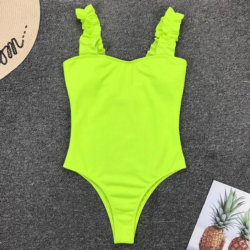 Ribbed Ruffled Frilled Trim Female Swimwear One Piece Swimsuit Women Monokini High Leg Cut Bathing Suit Swim Bodysuit Beach Wear