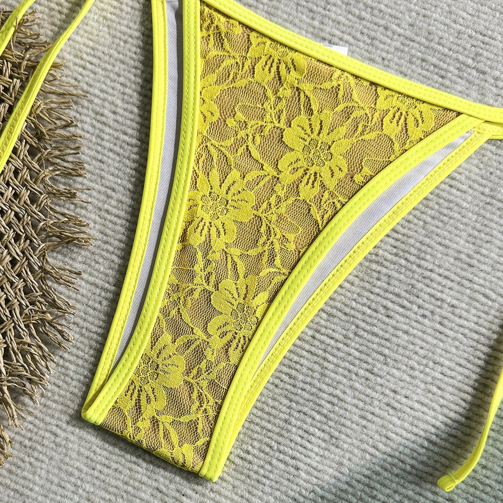 Embroidery Mesh Lace Halter Bikini Female Swimsuit Women Swimwear Two-pieces Bikini Set High Cut Bathing Suit Swim Beach Wear