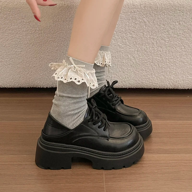 Elegant Lace-Up Platform Loafers for Women 2026 British Style High Heels Oxford Shoes Woman Preppy Style Pu Leather Shoes Female