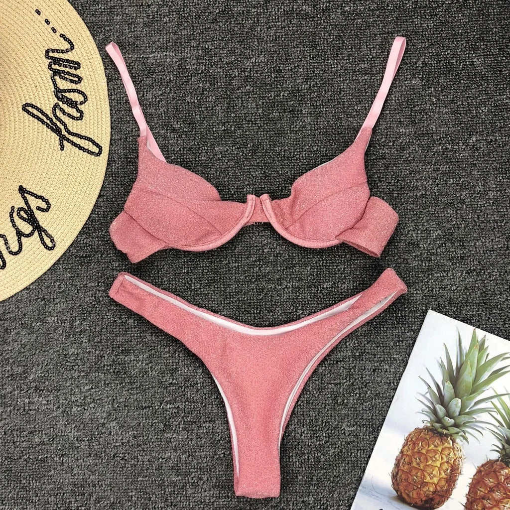 Sexy Silver Glitter Bikini 2026 Swimwear Women Push Up Cut Out Underwire Thong Swimsuit Summer Brazilian Bathing Suit Biquini