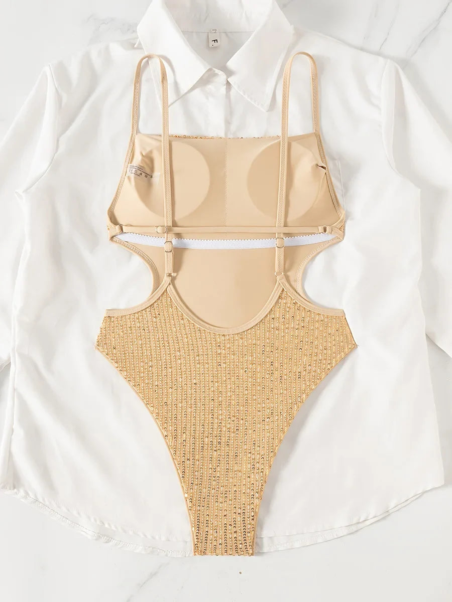 Glitter Sparkling Sequins Cut Out One Piece Swimsuit Women Swimwear Female High Cut Leg Monokini Backless Bathing Suit Swim Lady