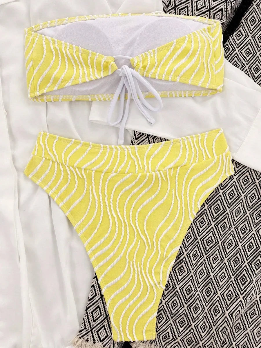 Wave Striped Bandeau Bikinis High Waist Bikini Female Swimsuit Women Swimwear Two-pieces Bikini Set Bathing Suit Swim Beach Wear
