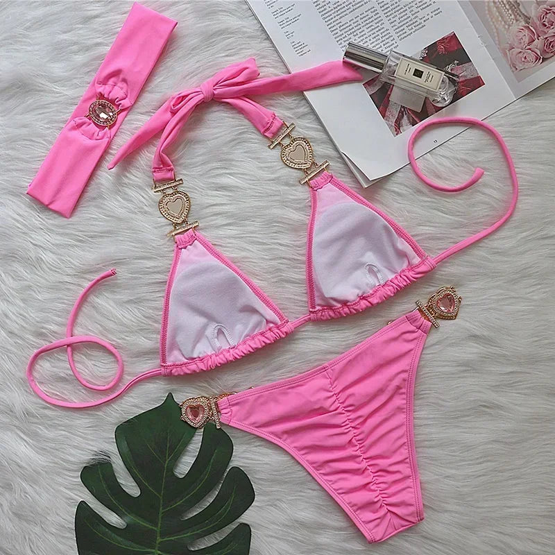 Halter Rhinestones Diamond Bikini Women Swimsuit Female Swimwear Three pieces Bikini Set Brazilian Hairband Bathing Suit Swim