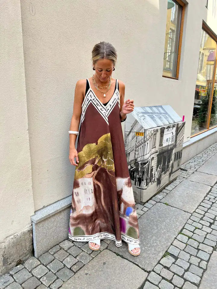 Casual Vacation Style Print Spaghetti Strap long Dresses Women Sexy V-neck Backless Loose Sleeveless Dress Female Summer New