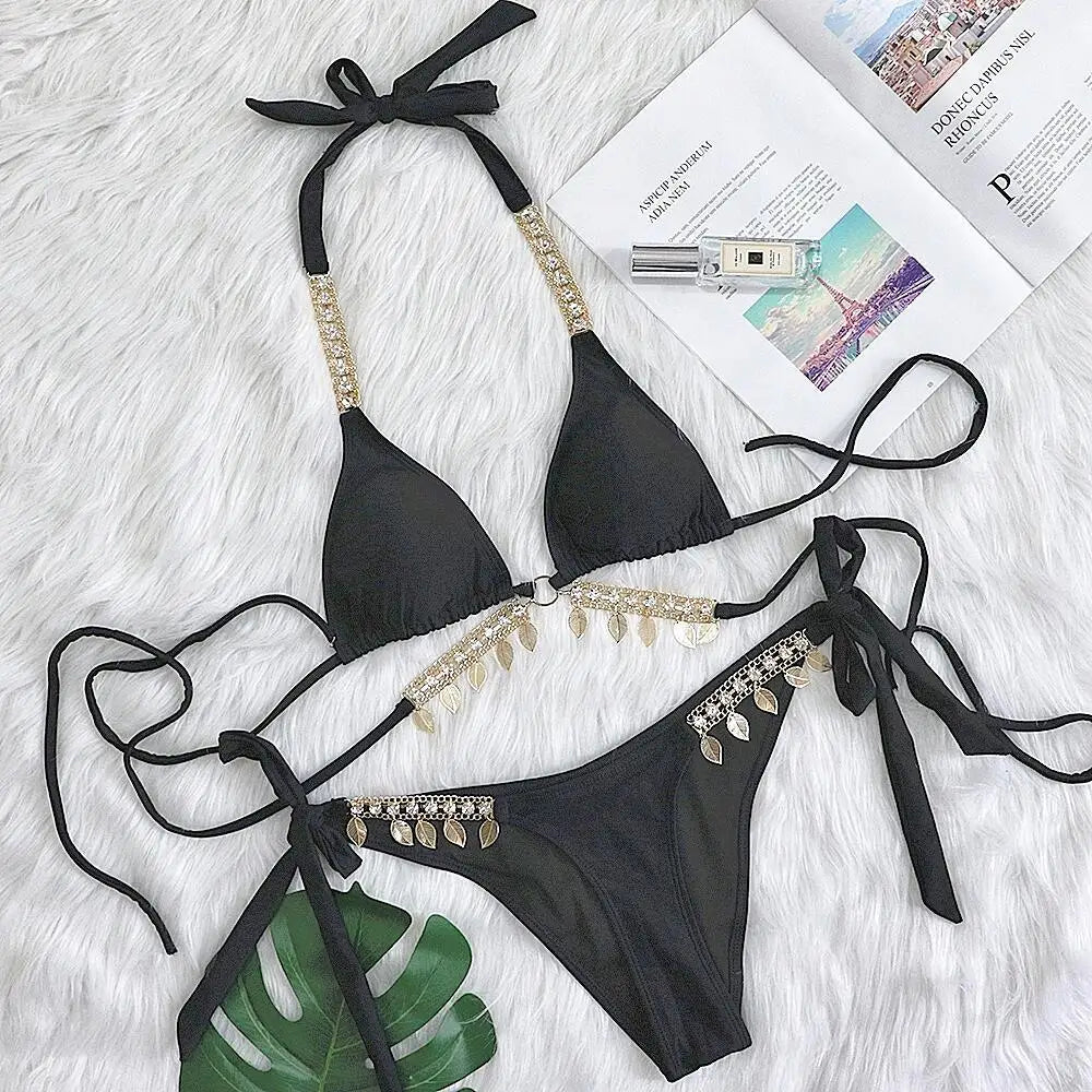 Bikini 2026 Sexy Rhinestone Leaf Pendant Metal Chain Solid Swimwear Swimsuit Women Bikinis Set Bathing Suit Beach Bikini Female
