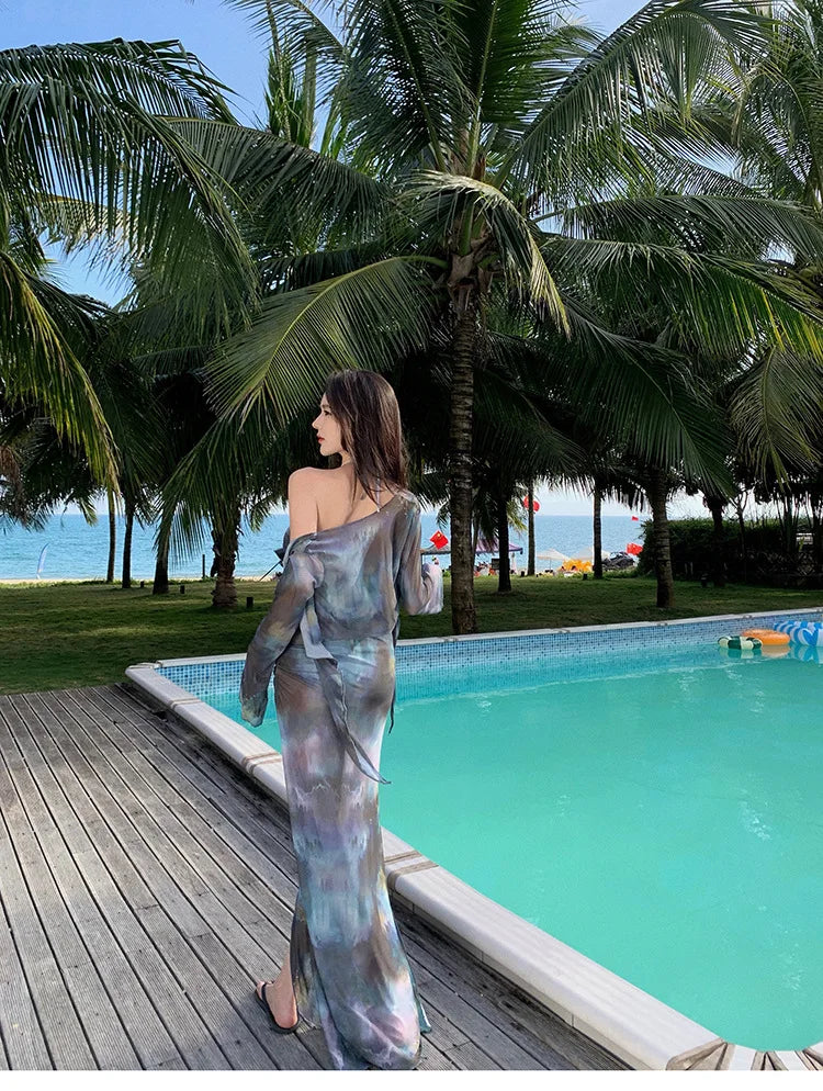 Korean Swimsuit 2025 Women Sexy Black Tie Dye Long Sleeve Cover Up  Long Skirt 4 Piece Bikini Set Bathing Suit Vacation Swimwear