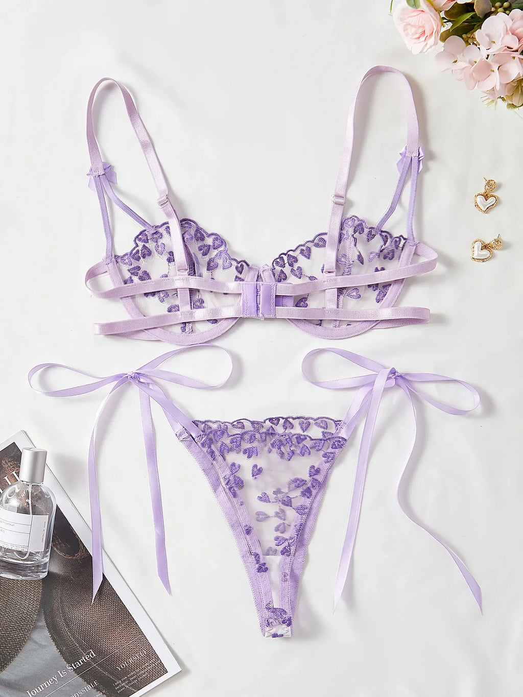 French Lace Heart Bra Set Girls Sexy Women Bralette Adjustable Transparent Embroidery Underwear Thong Bras Lingerie Panties Sets