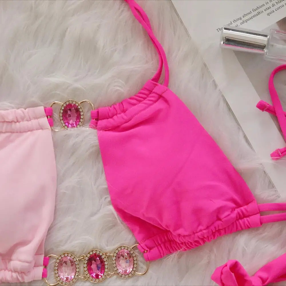 2026 Splicing Halter Diamond Bikini Women Swimsuit Female Swimwear Two Pieces Bikini Set Hollow Out Bathing Suit Swim Beach Wear