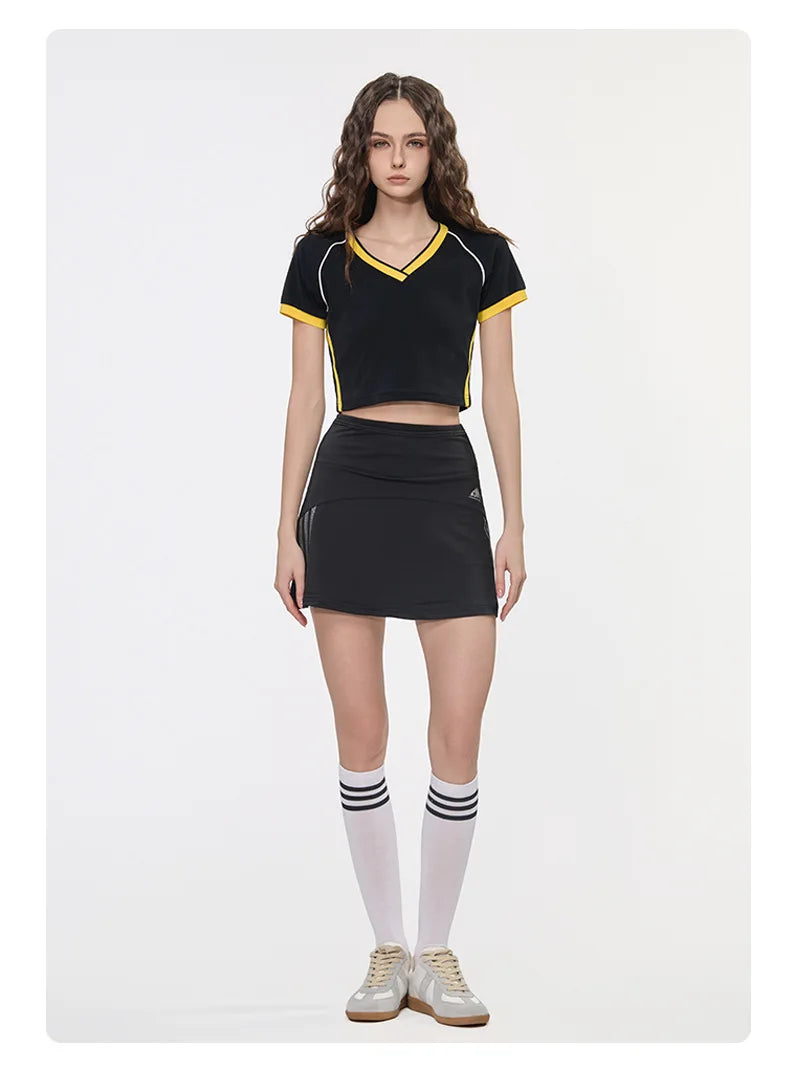 Hot girl top V-neck exposed navel contrasting color splicing clothes women's street short-sleeved T-shirt