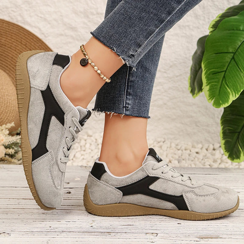 Fashion Gray Suede Flats Sneakers Women Non Slip Lace Up Platform Sneakers Woman Comfortable Thick Sole Sports Running Shoes
