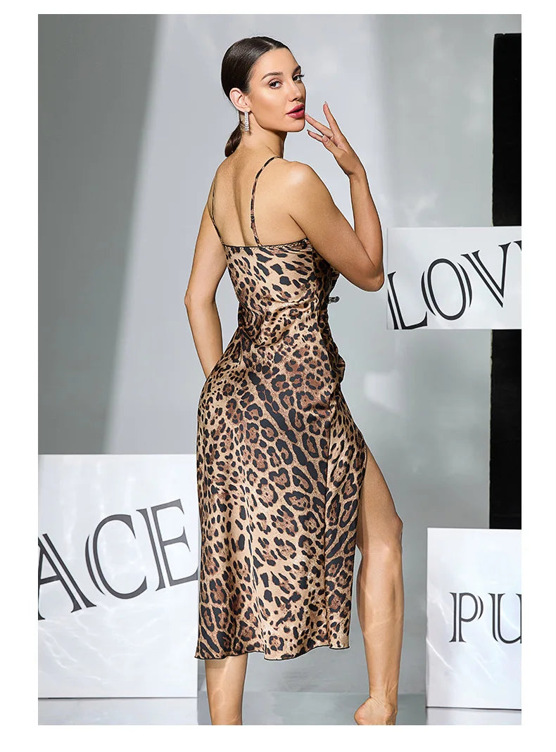 Women Sexy Leopard Print Slip Nightdress Removable Padded Drawstring High Slit Midi Nightgown Loungewear