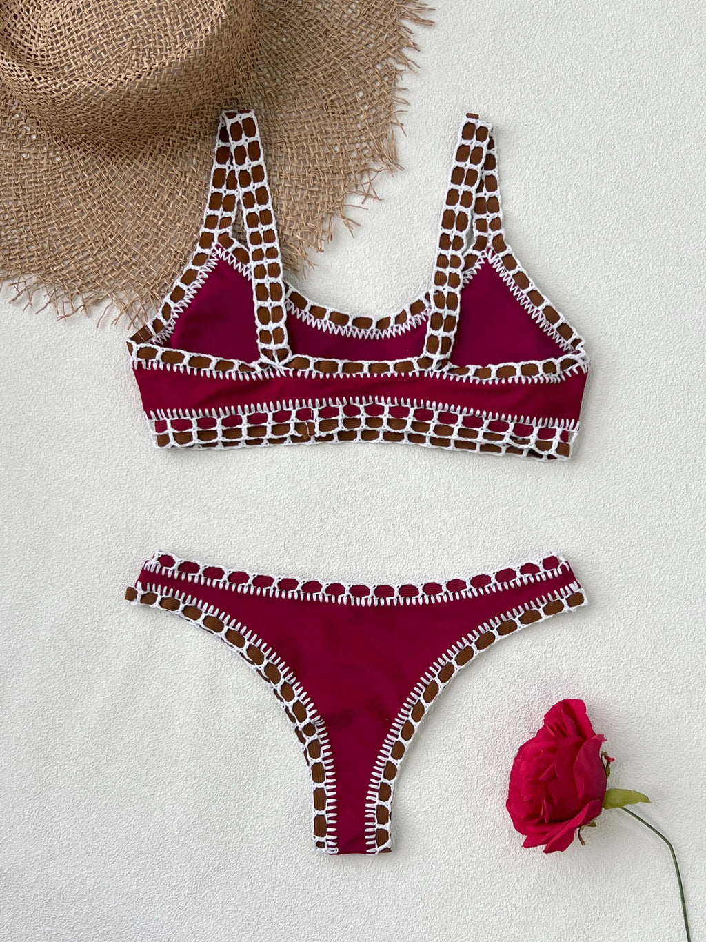 2026 Women Swimsuit Elegant Wine Red Bikini Set with Unique Braided Trim Perfect for Beach Wear and Pool Parties Summer Getaways
