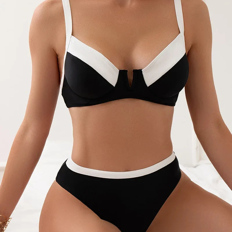 Sexy Black White Patchwork Bikini 2024 Women Halter V Underwire Push Up Micro Swimsuit Beach Bathing Suit High Waist Swimwear