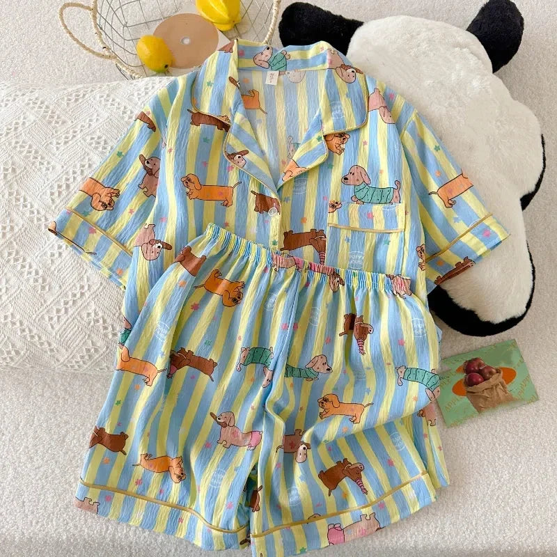 Star Striped Dog Print Kawaii Pajamas for Women Y2K Fashion Lapel Neck Women's Pajamas Summer New Sweet Cute Home Wear Woman
