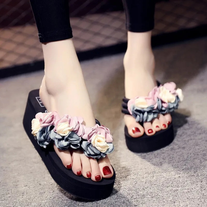 Bohemia Style Flower Platform Flip Flops For Women Summer Shoes Thick Sole Light Weight Girls Home Beach Slippers Wedge Sandals