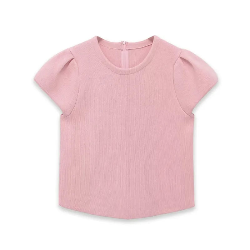 Women's Fashion Casual Puff Sleeve Casual Top Pink Puff Sleeve Knit Top Round Neck Ribbed Back Zipper Casual Style T-Shirt 60BW