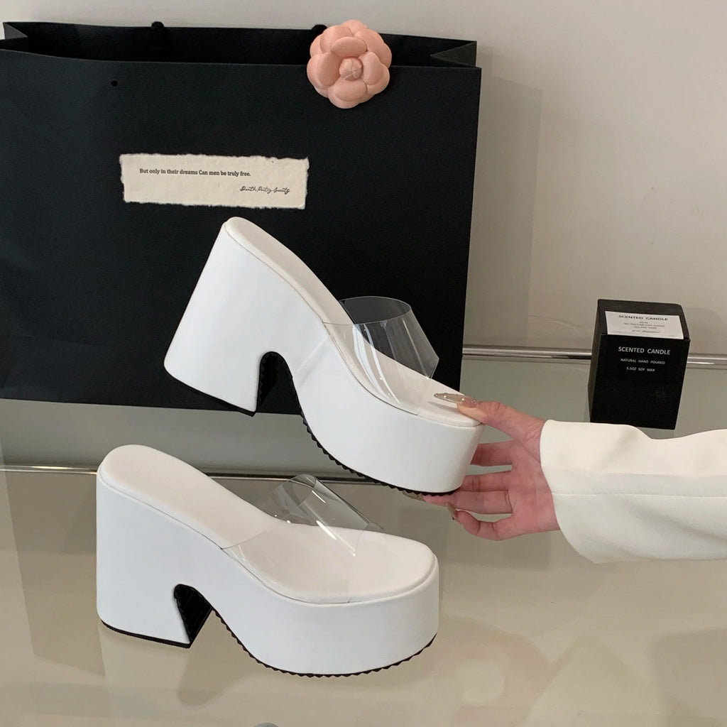 Summers Chunky Women Slippers Fashion Elegant PVC Transparent Platform Wedges Heel Slides Ladies Casual Outdoor Beach Sandalias