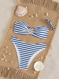 Sexy Blue Striped Micro Bikini 2026 Women Bandeau Front Metal Circle Push Up Bra High Waist Swimsuit Beach Bathing Suit Swimwear