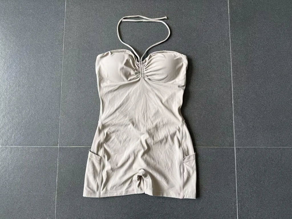 Womens Two Way Wear Bodysuit Sleeveless Yoga Stretch One Piece Romper Sexy Fitness Side Pockets Sportwears Bodysuit