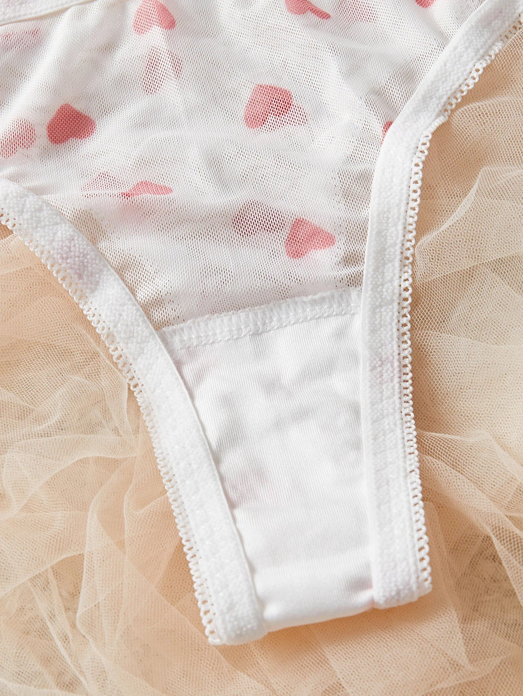 White Heart Print Lace Trim Underwear Set Women's Lingerie Bra And Panty Set For Valentine's Day