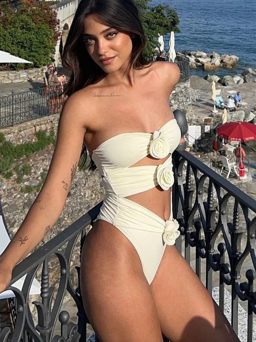 Sexy 3D Flowers Bandeau Monokini Hollow Out Female Swimwear One Piece Swimsuit Women High Cut Bathing Suit Swim Lady Beach wear