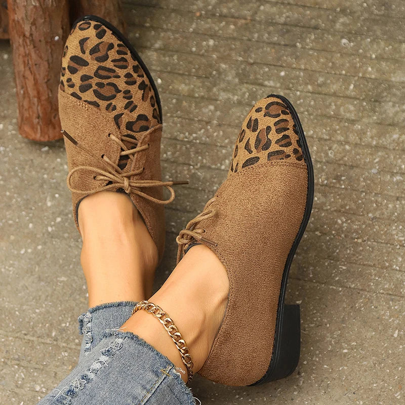 New Patchwork Loepord Pointed Toe Shoes for Women Retro Fax Suede Lacing Pumps Woman Shallow Square Heel Single Shoes Mujer