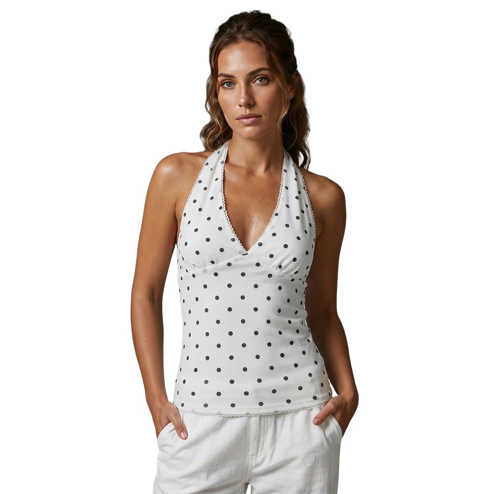 Cute Halter Tops for Women Summer Dot Print V-Neck Going out Tank Tops Backless Vest for Streetwear