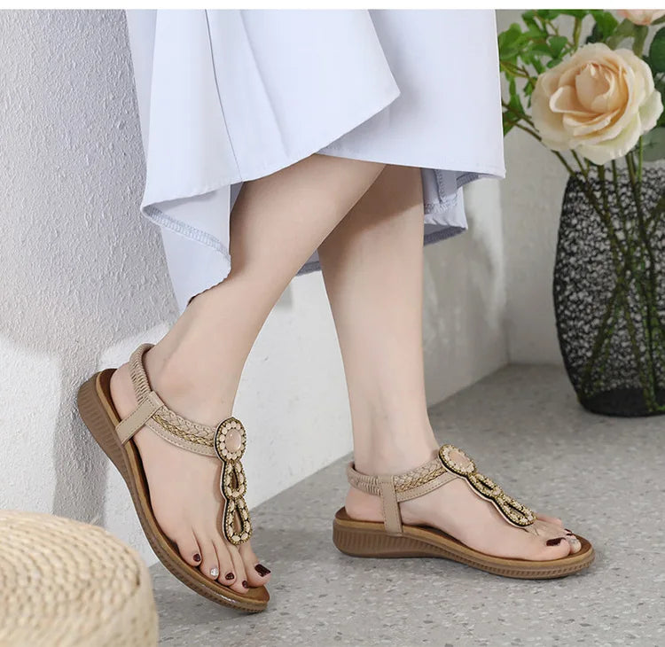 2026 New Shoes for Women Bohemia Crystal Sandals Women Shoes Rhinestone Lady Flip Flops Pearl Slip on Flat Beach Shoes
