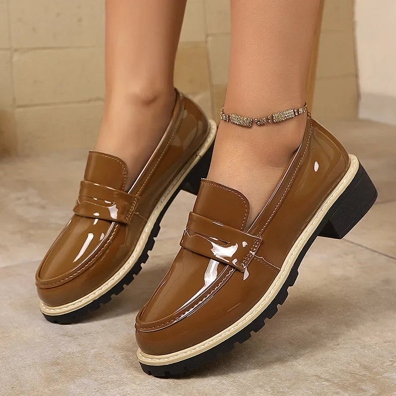 Patent Leather Thick Heels Loafers Women Spring New Mixed Color Med Heel Office Pumps Woman Plus Size 43 Slip On Single Shoes