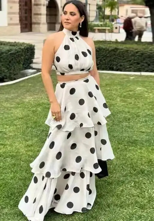 White Polka Dot Two Piece Set For Women Halter Crop Top And Tiered Maxi Skirt Elegant Summer Party Outfit Pure Desire Charm FSW7