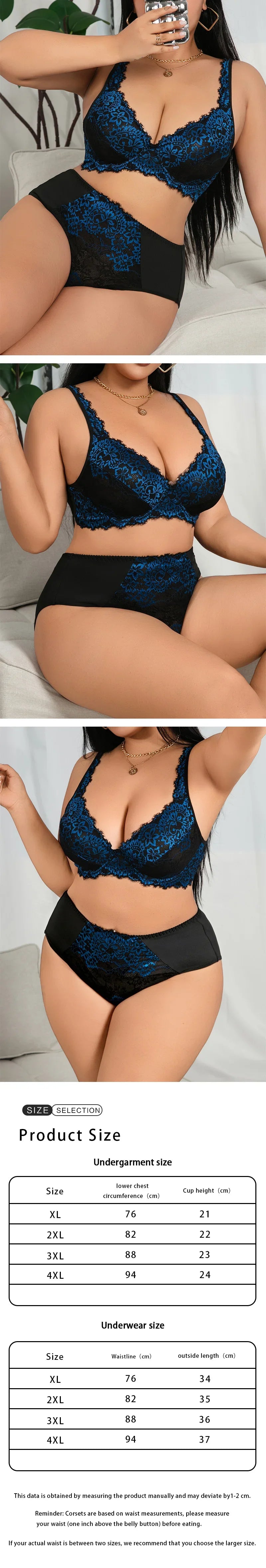Plus Size Lingerie Set, Sexy Patterned Lace Shaping Push-up Bra for Full Bust Support