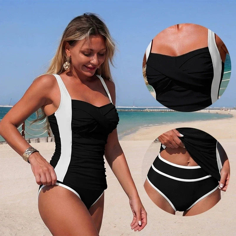Vintage Black White Patchwork Bikini Set 2026 Women Pleate Slim Cross Tank Top High Waist Swimsuit Beach Bathing Suit Swimwear