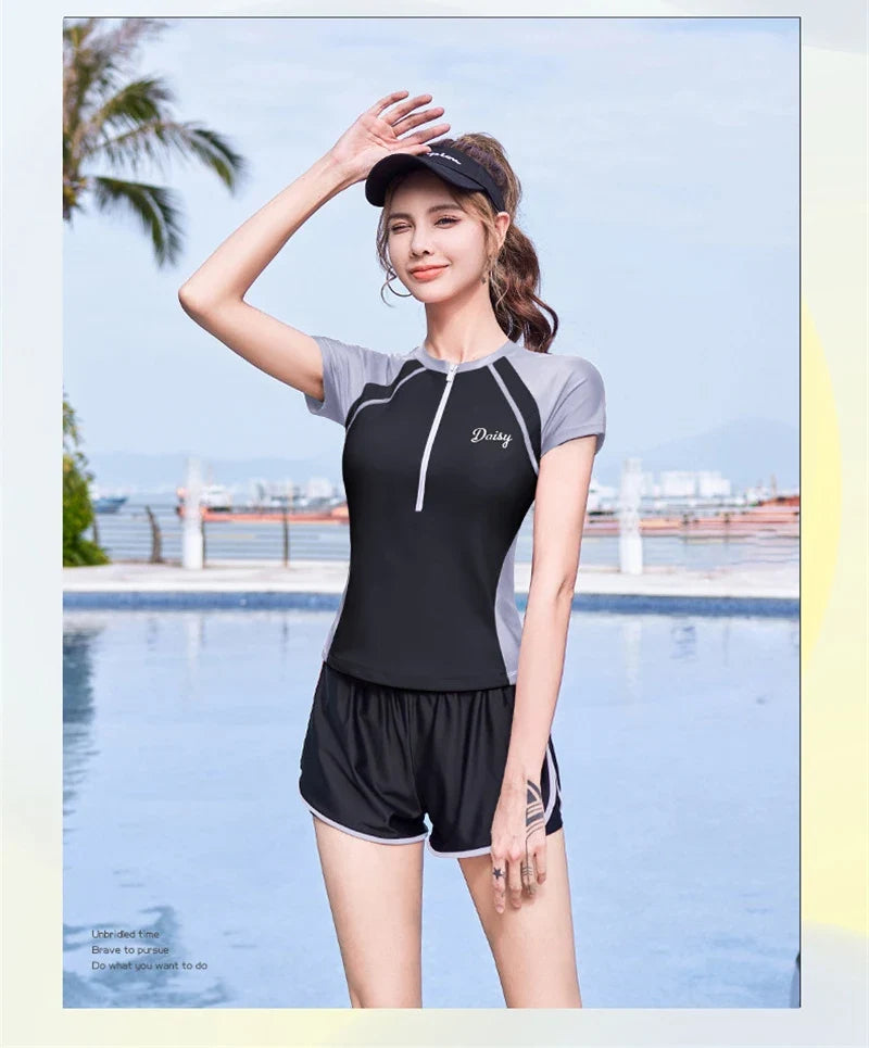 New Short Sleeve High Waist Two Pieces Swimwear Women Swimsuit Hot Spring Surf Bathing Swimming Suit Female Beach Wear