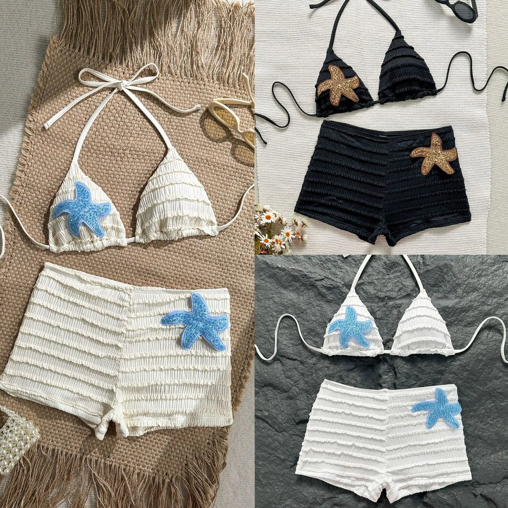Vintage Two Piece Bikini Set 2026 Women White Black Starfish Ornament Push Up High Waist Swimsuit Holiday Bathing Suit Swimwear