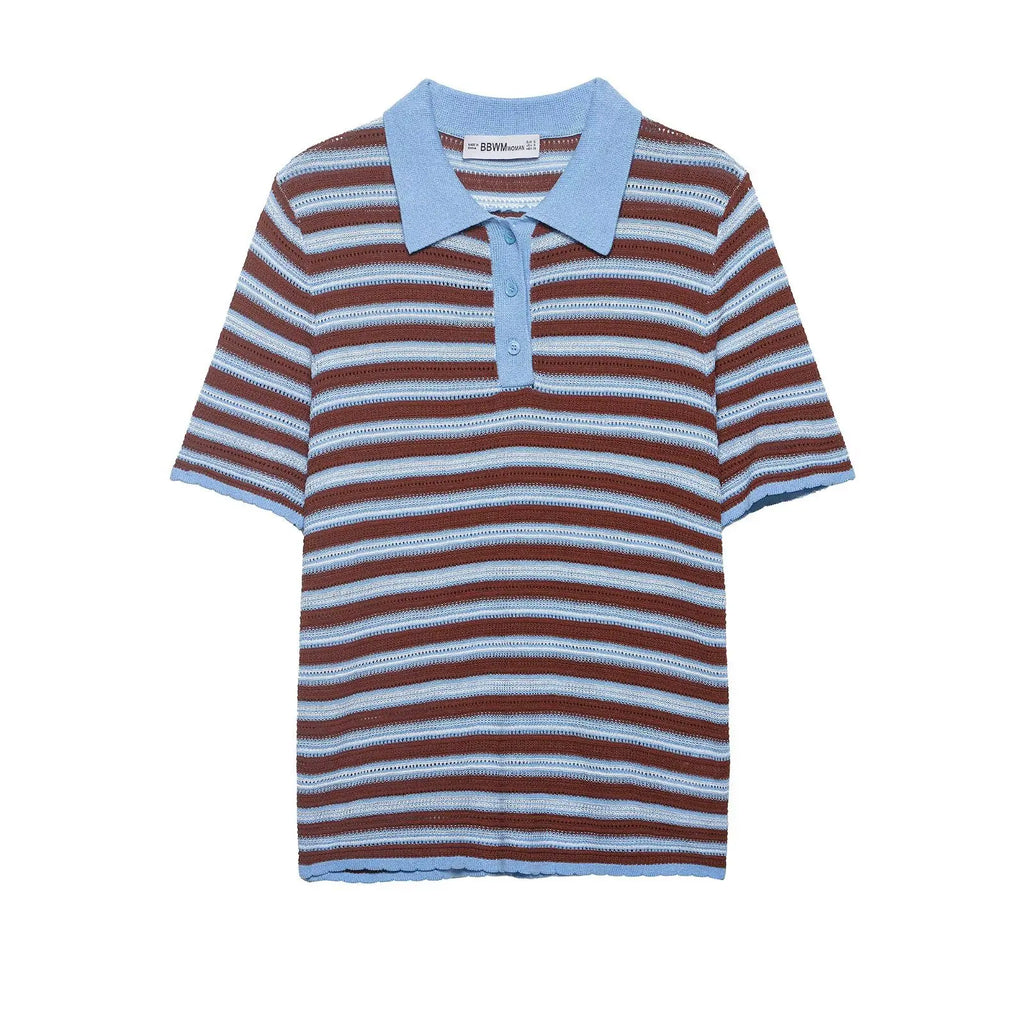 Fashion Casual Striped Knit Polo Shirt Striped Knit Shirt For Women Blue Brown Short Sleeve Hollow Out Casual Summer Top UEZ7