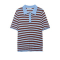 Fashion Casual Striped Knit Polo Shirt Striped Knit Shirt For Women Blue Brown Short Sleeve Hollow Out Casual Summer Top UEZ7